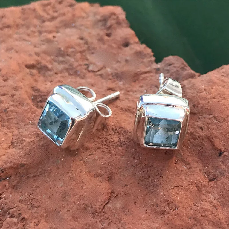 Rose gold earrings for women-Blue Topaz Biru Studs, Indonesia