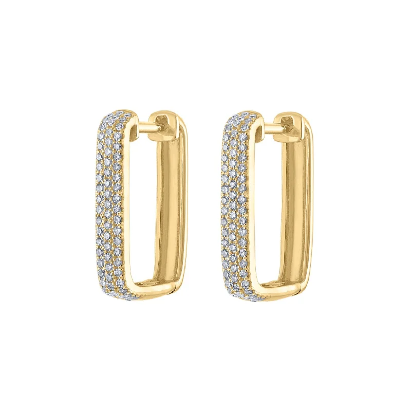 Round earrings for women-14KT GOLD PAVE DIAMOND RECTANGLE HOOP EARRING