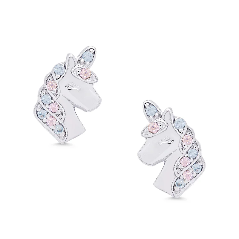 Silver earrings for women-CZ Unicorn Stud Earrings in Sterling Silver (Pink/Blue)