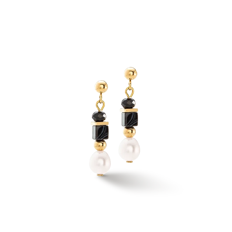 Long earrings for women-Pearls & Onyx earrings gold