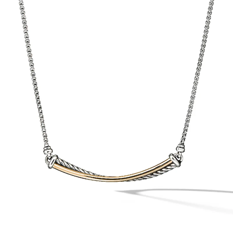 Wedding jewelry necklace for women-Crossover Bar Necklace in Sterling Silver with 18K Yellow Gold