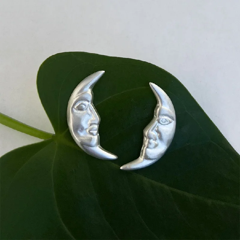 Custom diamond earrings for women-Moon Face Studs - Sterling Silver, Indonesia