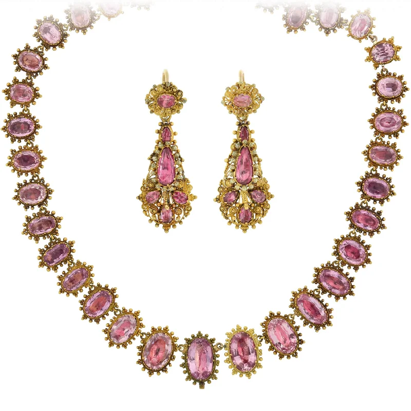 Infinity necklace for women-Georgian Rare 18kt Foil-Back Pink Topaz Necklace + Earring Demi-Parure Set