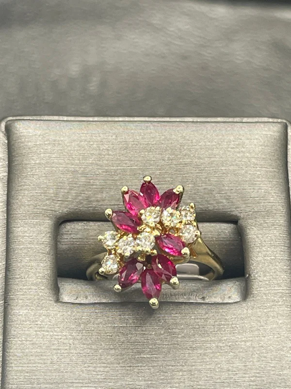 Moissanite engagement ring for women-14 Karat Yellow Gold Marquise Ruby And Round Diamond Cluster Statement Ring