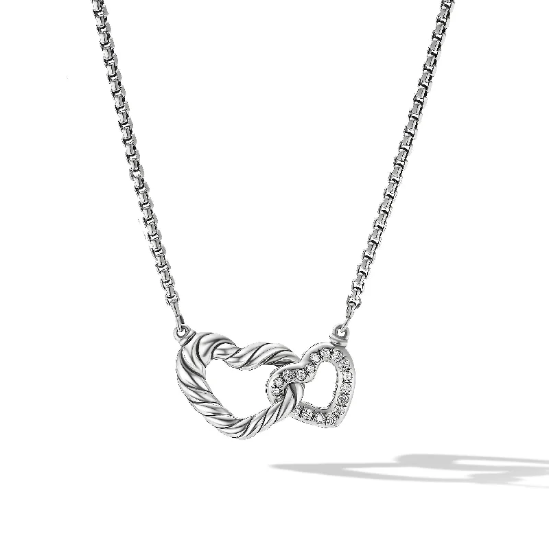 Gold heart necklace for women-Cable Collectibles® Interlocking Heart Necklace in Sterling Silver with Diamonds\, 16.4mm