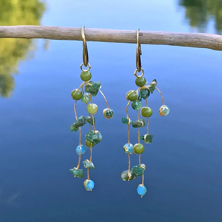 Blue gemstone earrings for women-Floating Earrings - Green Chip, Thailand