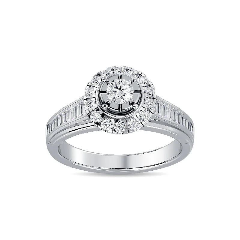 Diamond ring engagement set for women-Diamond 3/4 Ct.Tw. Round and Baguette Bridal Ring in 14K White Gold