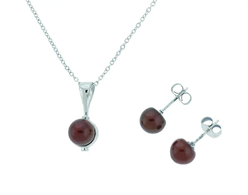 Personalized earrings for women-Chocolate Freshwater Button Pearl Pendant Necklace w/ Pearl Stud Earrings (SKU: 191464)