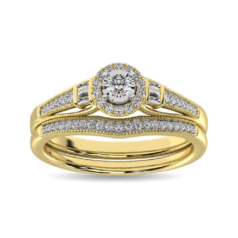 Engagement ring with two-tone metal for women-Diamond Bridal Ring 1/4 ct tw in Round and Straight Baguette in 10K Yellow Gold