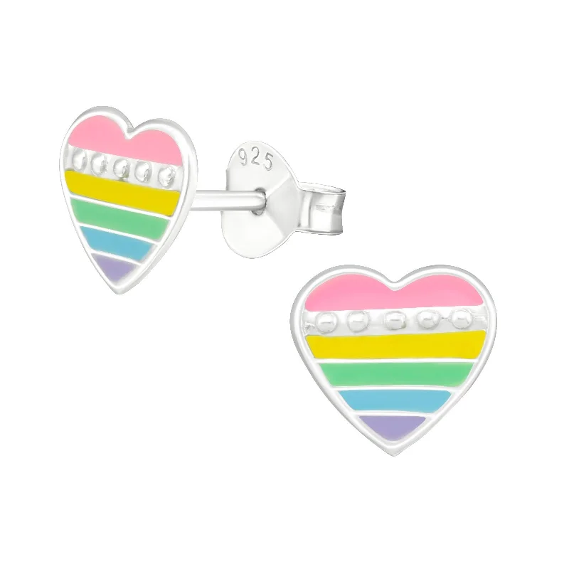 Floral earrings for women-Rainbow Heart Stud Earrings in Sterling Silver