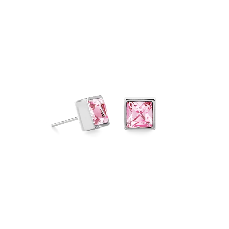 Personalized earrings for women-Brilliant Square big earrings silver light pink