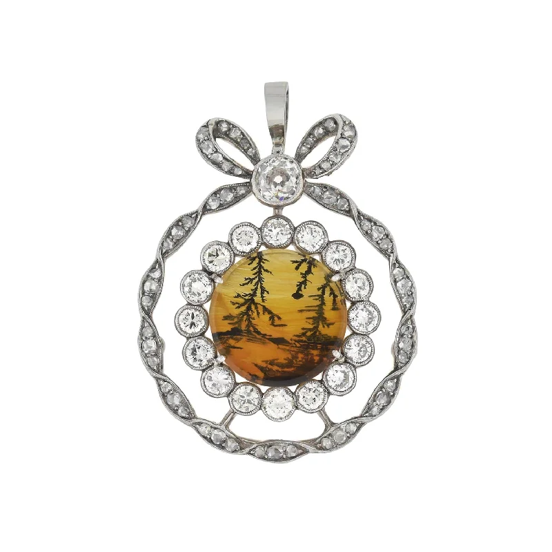 Birthstone gold necklace for women-Edwardian Platinum Moss Agate + Diamond Bow Pendant 2.45ctw