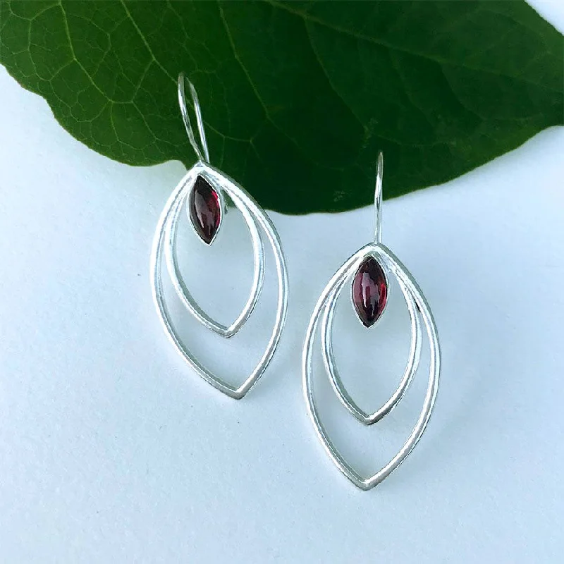 Moonstone earrings for women-Double Leaf Earrings - Silver/Garnet, India