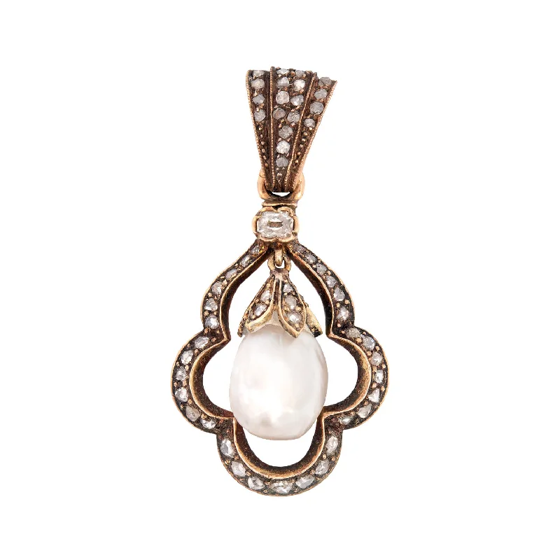 Adjustable necklace for women-Victorian 14k + Sterling Natural Pearl + Rose Cut Diamond Pendant