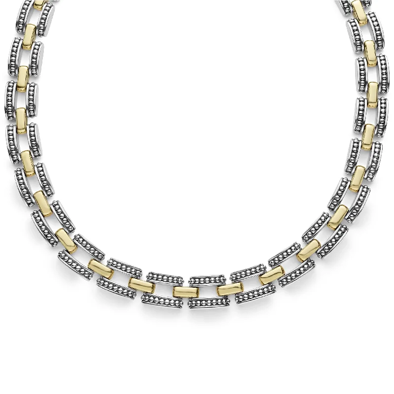 Birthstone jewelry necklace for women-High Bar Two-Tone Caviar Link Necklace