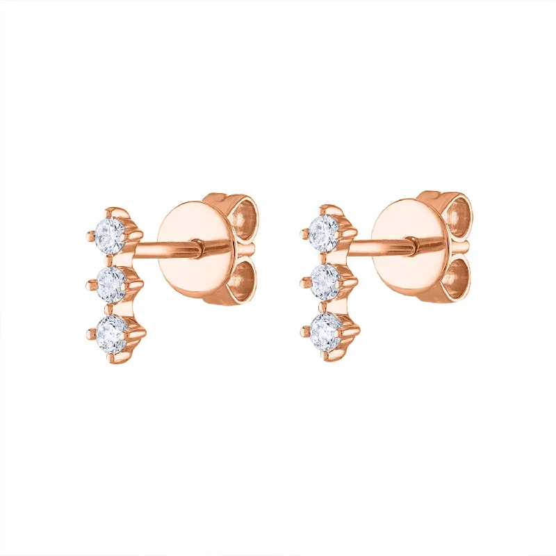 Unique diamond earrings for women-14KT GOLD THREE DIAMOND PRONG BAR EARRING