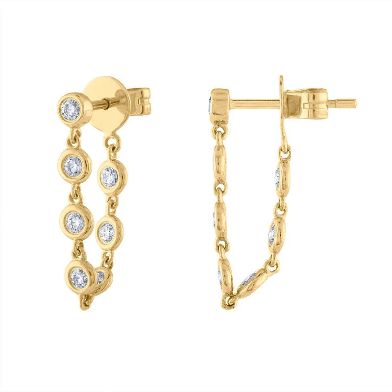 Chunky hoop earrings for women-14KT GOLD BEZEL DIAMOND CHAIN EARRING