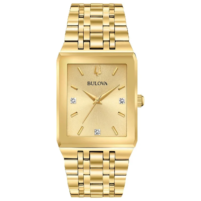 Diamond eternity engagement ring for women-MEN'S GOLD-TONE STEEL BULOVA QUADRA WITH DIAMONDS