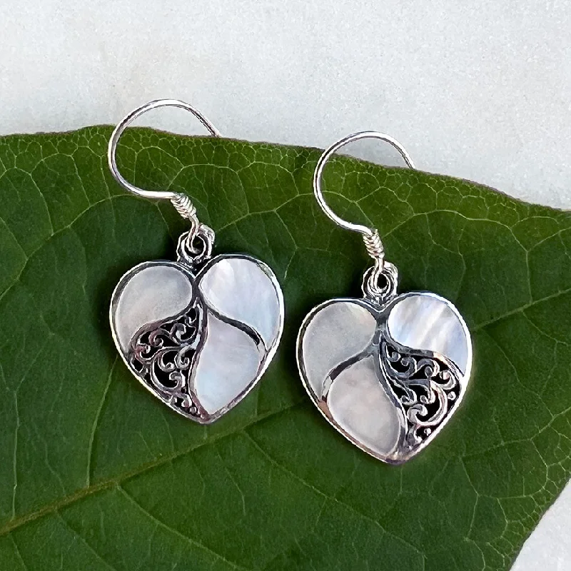 Fashionable earrings for women-Mother-of-Pearl Heart Earrings -Sterling Silver, Indonesia