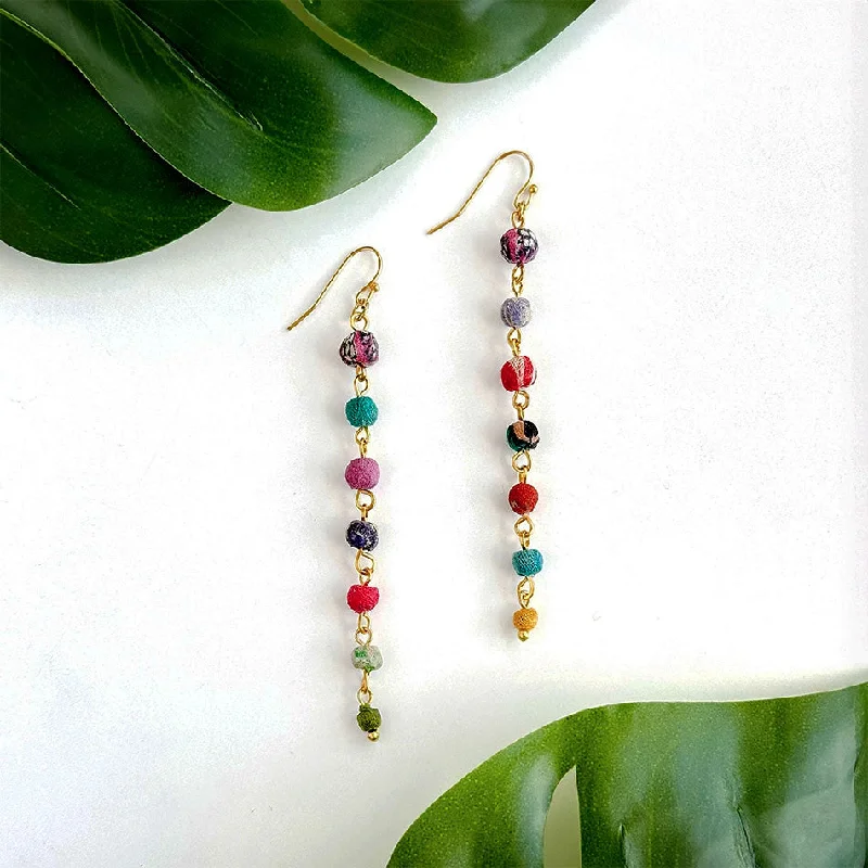 Vintage earrings for women-Recycled Sari Delicate Dangles, India