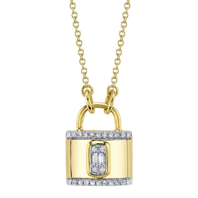 Crystal necklace for women-0.12CT DIAMOND LOCK BAGUETTE NECKLACE