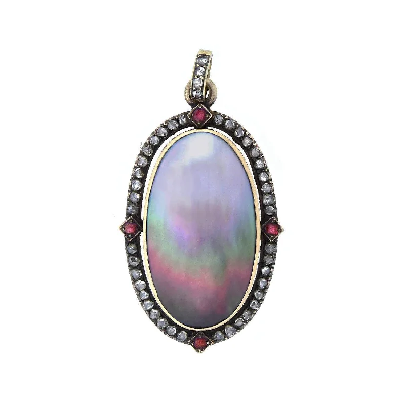 Engraved necklace for women-Art Nouveau 14kt Diamond + Ruby Abalone Shell Pendant