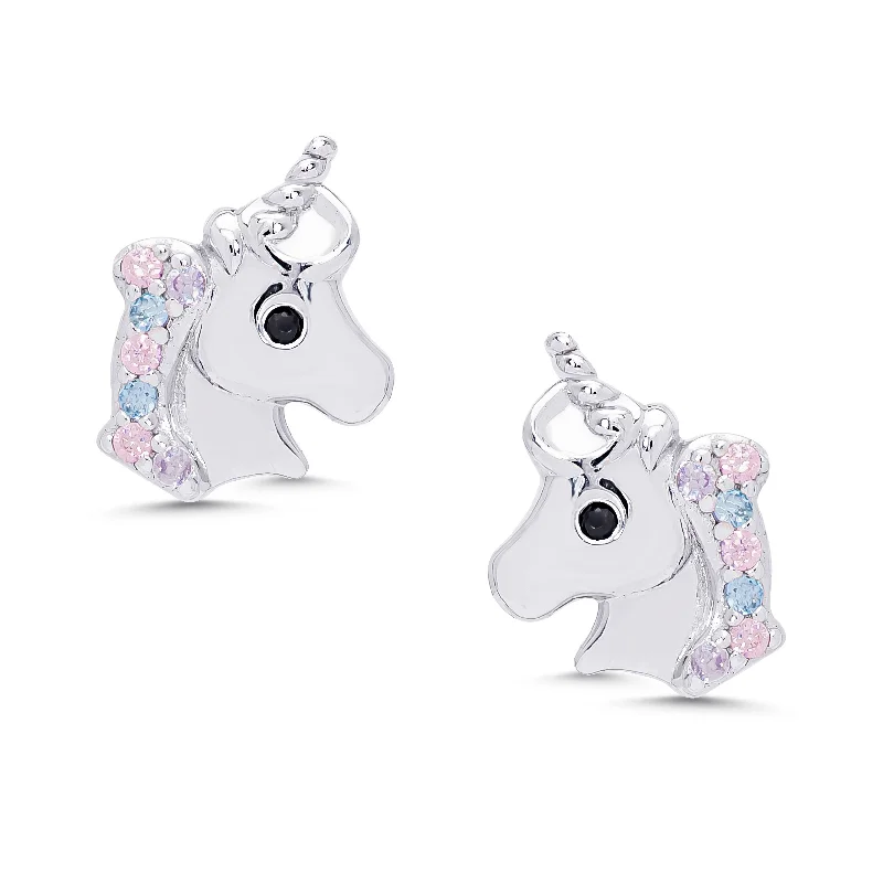 Beautiful earrings for women-CZ Unicorn Stud Earrings in Sterling Silver (Multi)