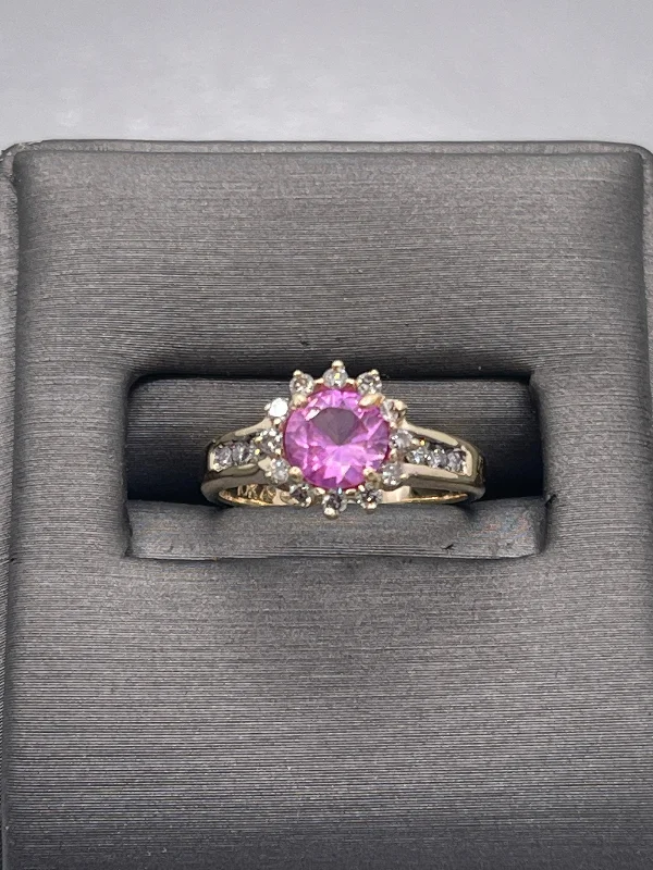 Double halo engagement ring for women-A Ladies 10 Karat Yellow Gold Pink Topaz & Diamond Halo Ring