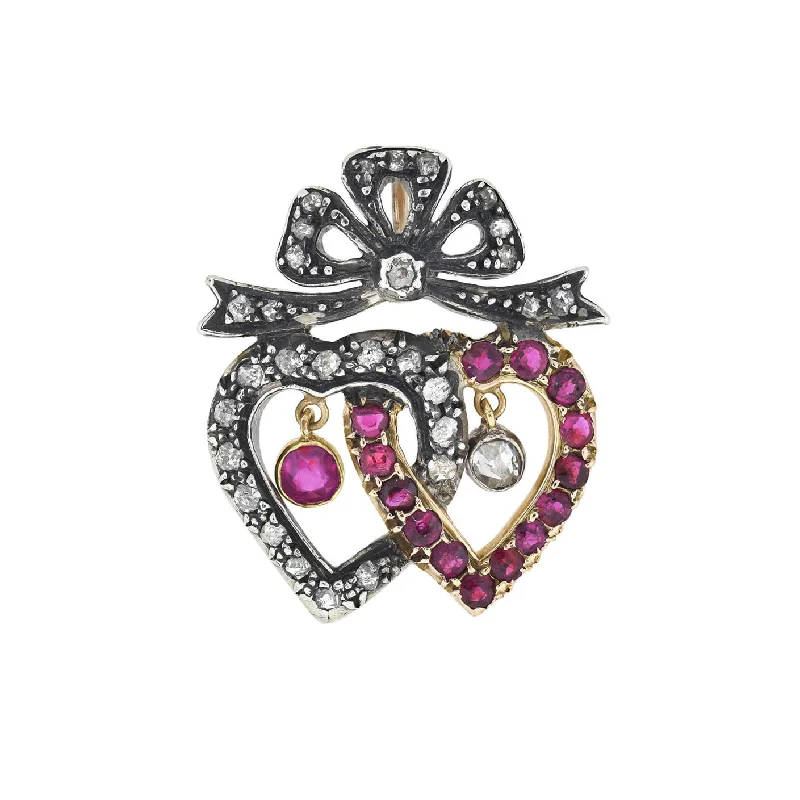 Classic pendant necklace for women-Victorian 14kt/Sterling Ruby + Diamond Double Heart Pendant