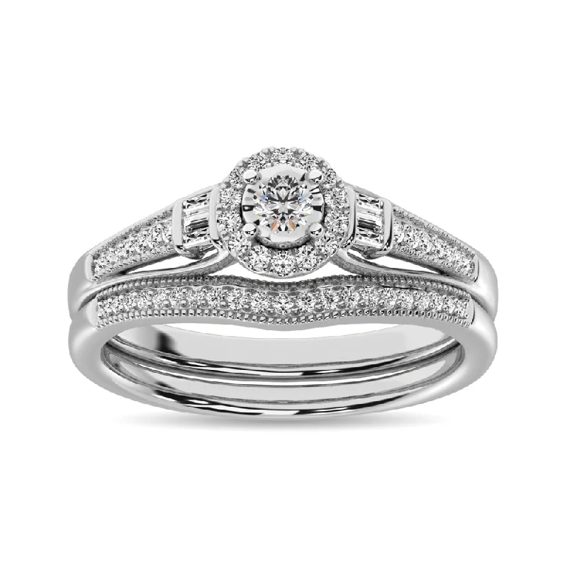 Affordable diamond engagement ring for women-Diamond Bridal Ring 1/4 ct tw in Round and Straight Baguette in 10K White Gold