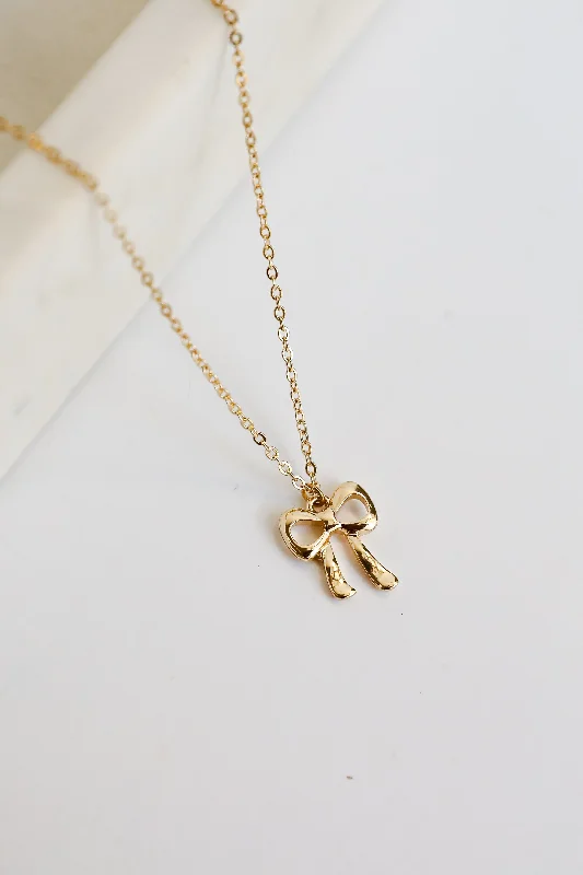 Boho necklace for women-Andrea Gold Bow Charm Necklace