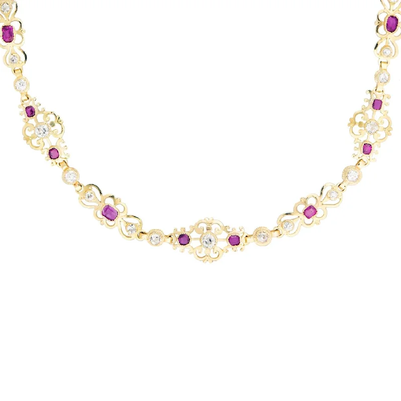 Layered necklace for women-Art Deco Austrian 18k Diamond and Ruby Scrolling Panel Link Necklace