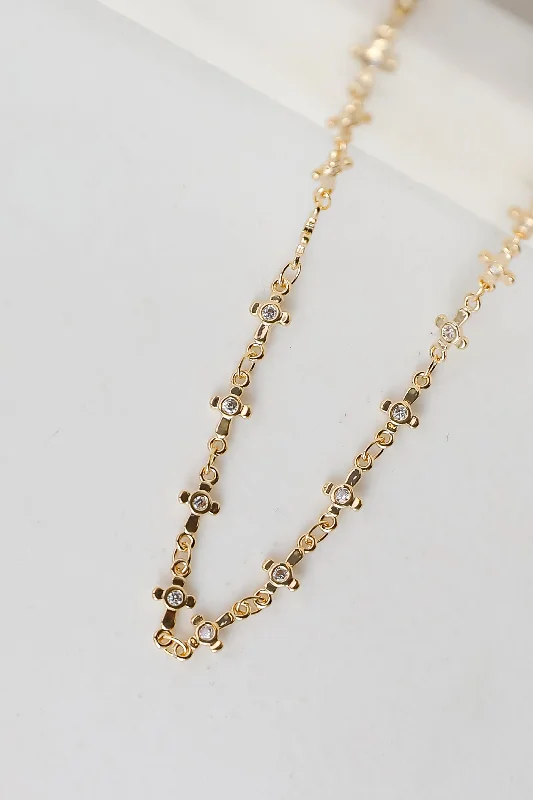 Chic necklace for women-Caroline Gold Rhinestone Cross Chain Necklace