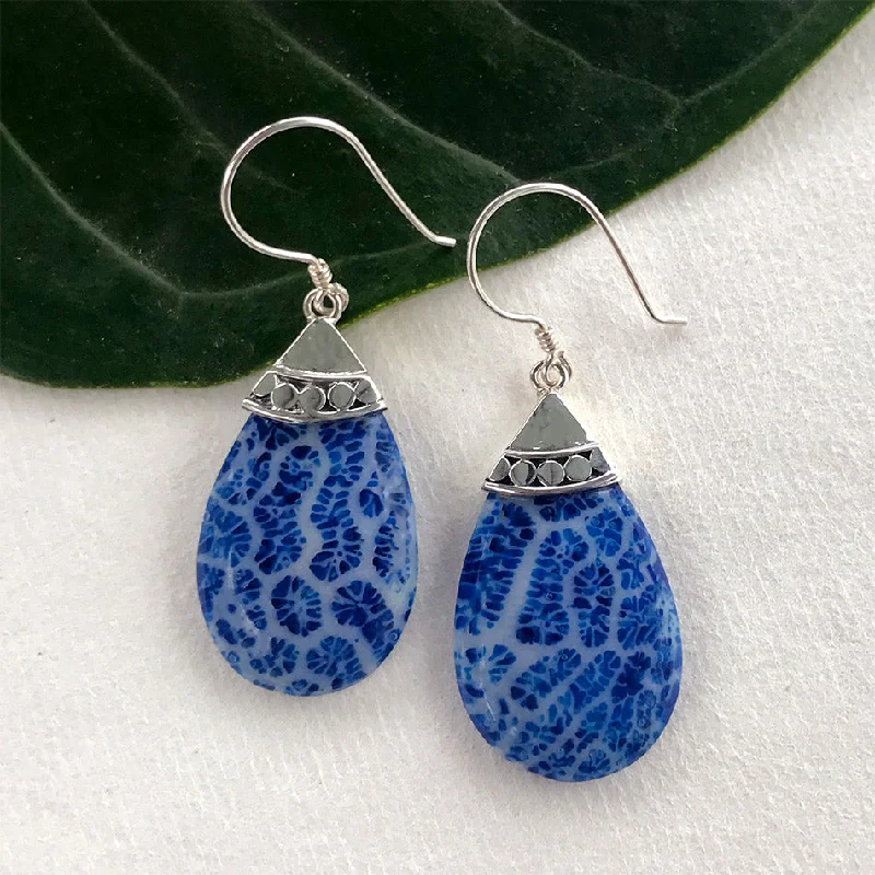 Small stud earrings for women-Blue Coral Teardrop Earrings - Sterling Silver, Indonesia