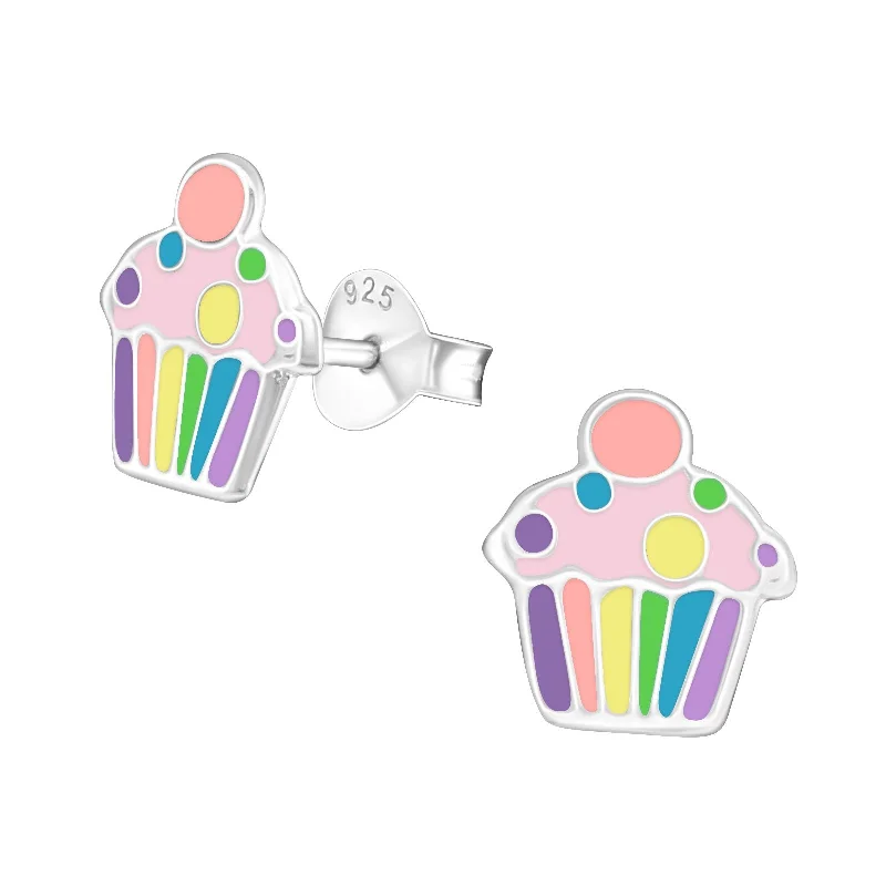 Personalized stud earrings for women-Rainbow Cupcake Stud Earrings in Sterling Silver