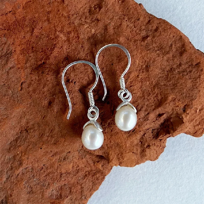 Dangle earrings for women-Acorn Pearl Earrings - Sterling Silver, Indonesia