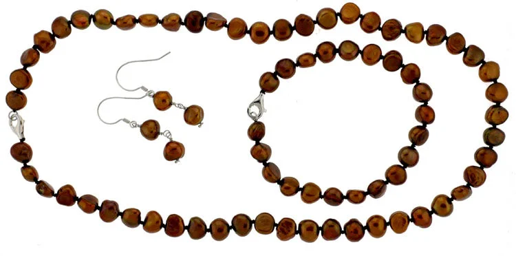 Huggie earrings for women-18" Knotted Chocolate Flat Pearl Necklace Set w/ Wire Fashion Earrings (SKU: 190709)