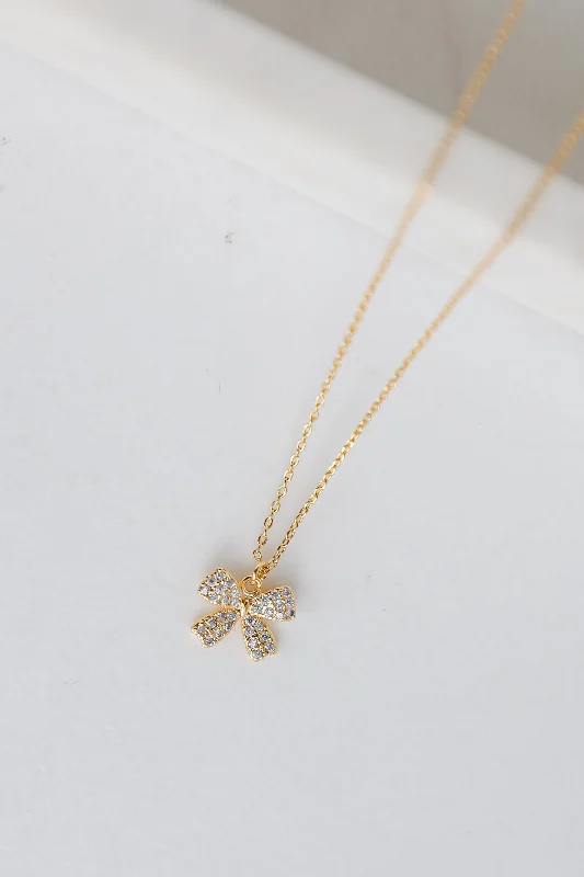 Luxury necklace for women-Eleanor Gold Rhinestone Bow Charm Necklace