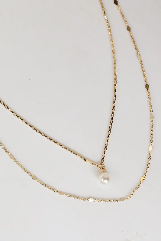 Gold bar pendant necklace for women-Courtney Gold Pearl Charm Layered Necklace