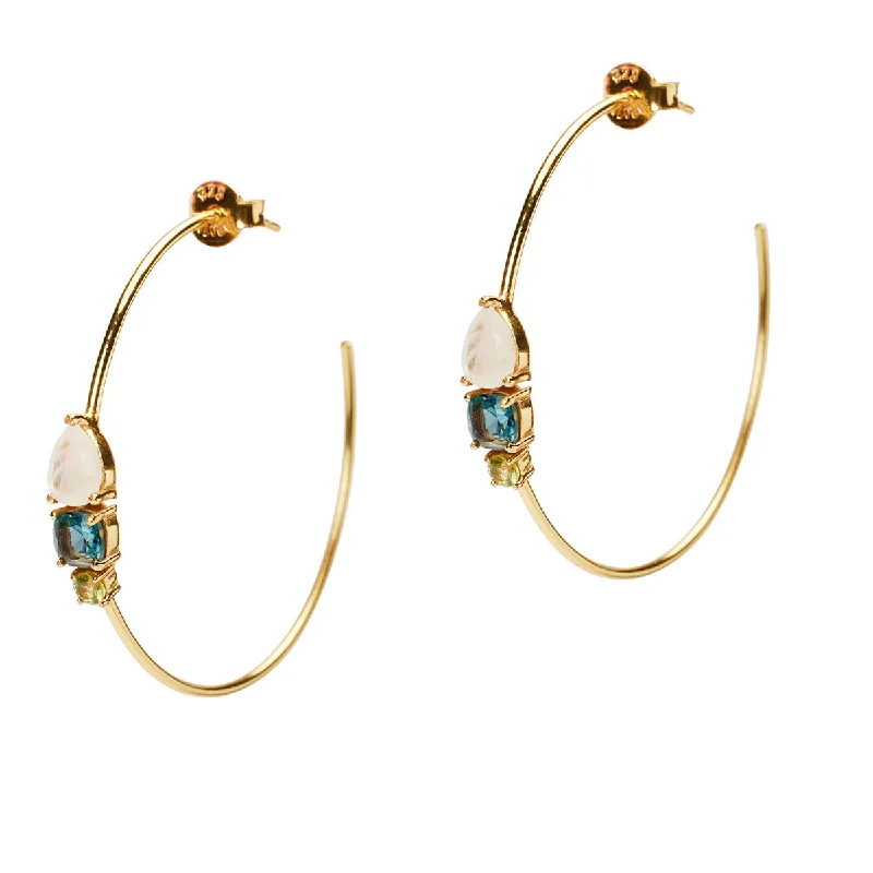 Birthstone earrings for women-Sage Teardrop Moonstone and Topaz Hoop Earrings