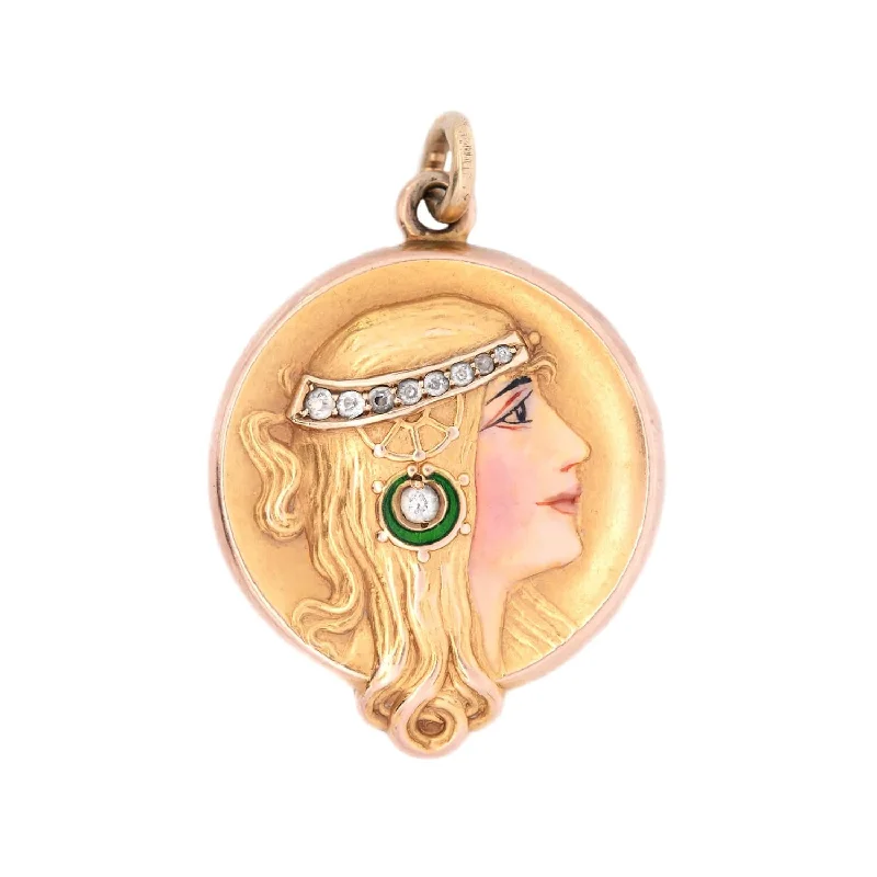 Adjustable necklace for women-Art Nouveau 14k Diamond and Enamel Lady Locket Pendant