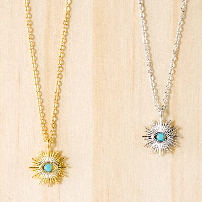 Stylish gold necklace for women-Sun Evil Eye Turquoise Charm Necklace