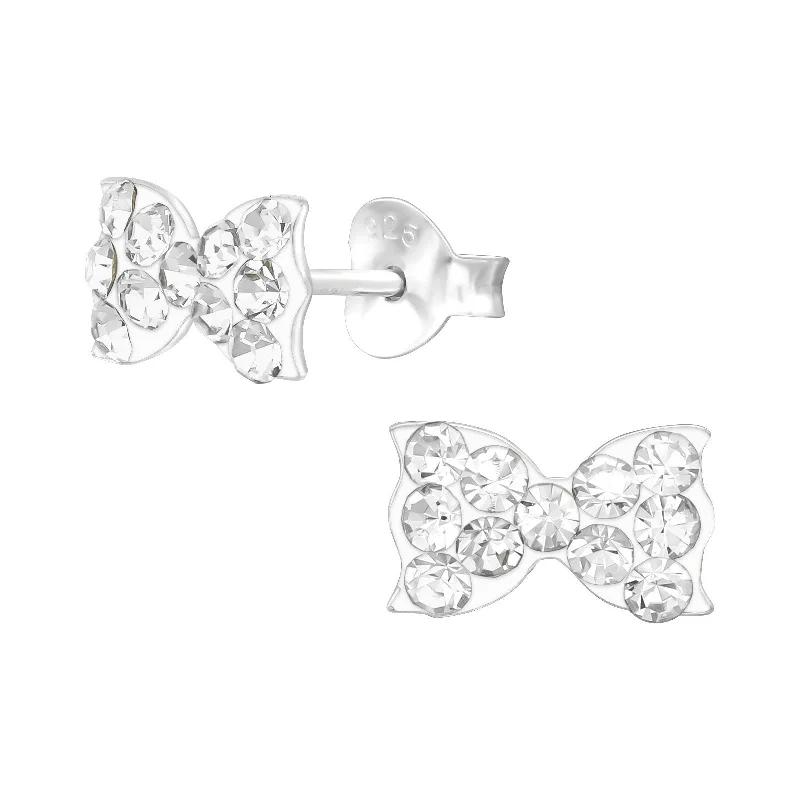 Crystal earrings for women-Crystal Bow Stud Earrings in Sterling Silver