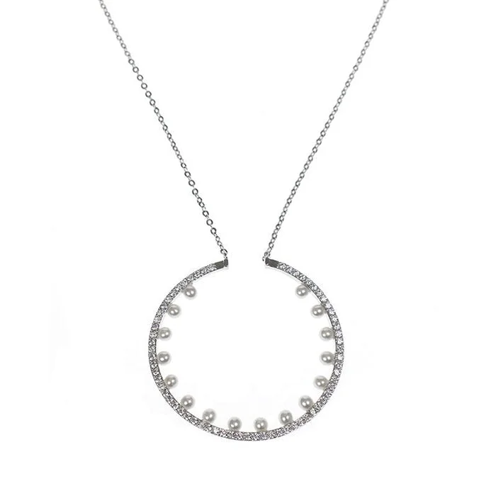 Wedding jewelry necklace for women-CZ and Pearl Open Circle Necklace