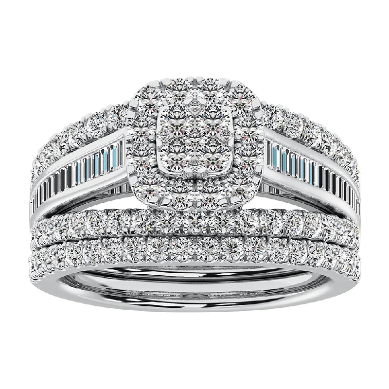 Diamond solitaire engagement ring for women-10K White Gold 1 1/2 Ct.Tw. Diamond Round and Baguette Bridal Ring