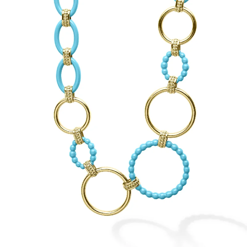 Artistic necklace for women-Meridian Long 18K Gold and Blue Ceramic Link Necklace