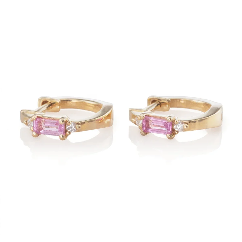 Round diamond earrings for women-Emerald Cut Pink Sapphire Huggies