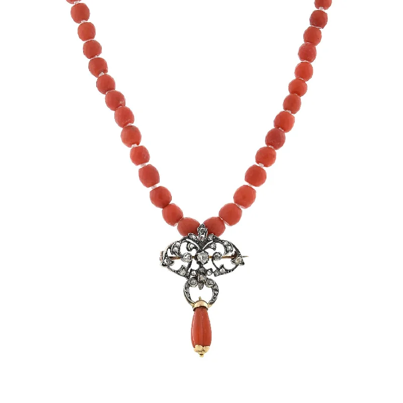 Wedding necklace for women-Victorian 15kt/Silver Diamond Pin/Pendant and Natural Coral Beaded Necklace