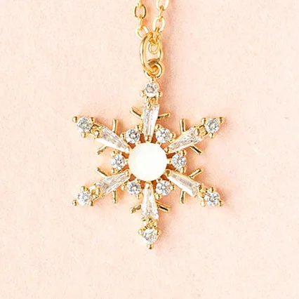 Gold bar necklace for women-Snowflake Sparkle CZ Stone Charm Dainty Pendant Necklace