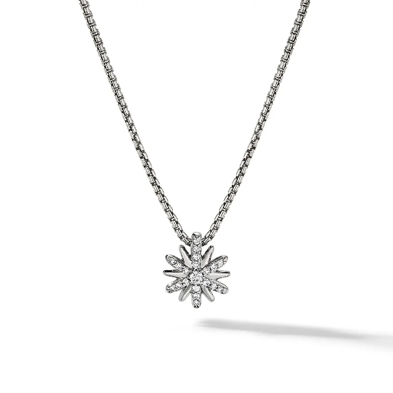 Double heart necklace for women-Petite Starburst Pendant Necklace in Sterling Silver with Diamonds\, 10.5mm